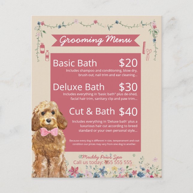 Pink Floral Watercolor Dog Grooming Services Menu  (Front)