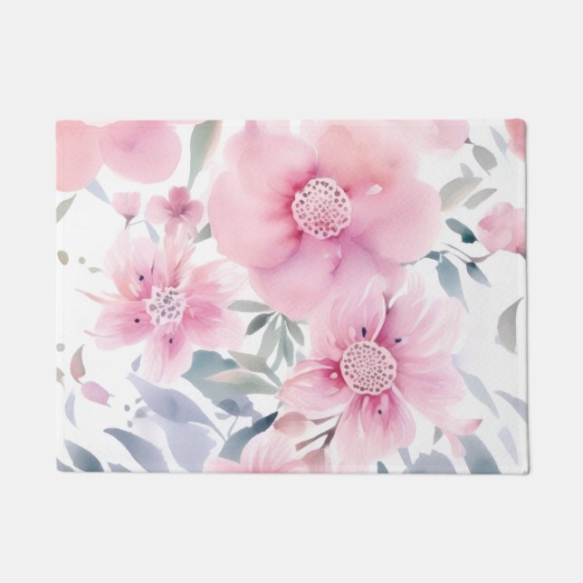 Pink Floral Watercolor  Doormat (Front)