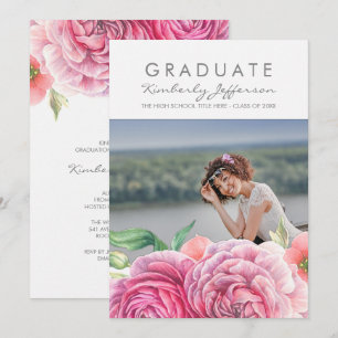Pink Floral Watercolor Elegant Photo Graduation Invitation