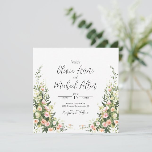 Pink Floral Watercolor Elegant Script Invitation (Standing Front)