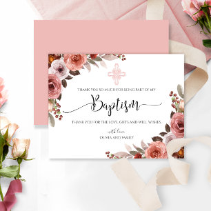 Pink Floral Watercolor Girl's Baptism Thank You Card