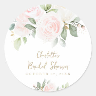 Pink Floral Watercolor Gold Bridal Shower Classic Round Sticker