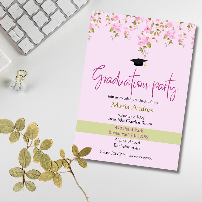 Pink Floral Watercolor Graduation Party Invitation (Creator Uploaded)