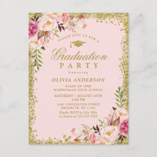 Pink Floral Watercolor Graduation Party Invitation Postcard