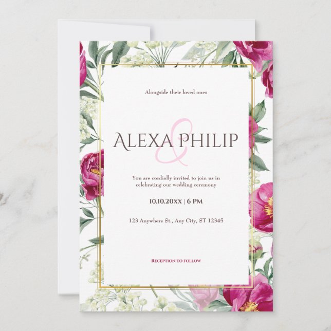 Pink Floral watercolor Illustration Wedding Invitation (Front)
