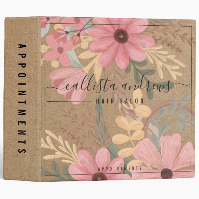 Pink Floral Watercolor Kraft Appointment Book Binder (Front/Spine)