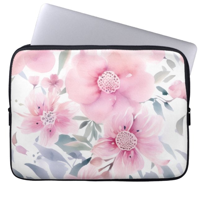 Pink Floral Watercolor  Laptop Sleeve (Front)