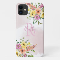 Pink Floral Watercolor Monogram Name Modern Case-M
