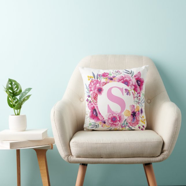 Pink Floral Watercolor Name Initial Monogram Throw Pillow (Chair)