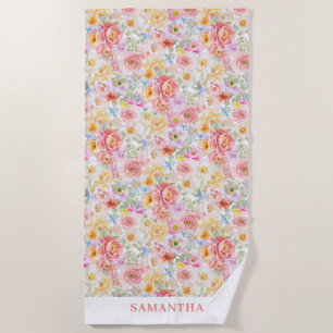 Pink Floral Watercolor Personalized  Beach Towel