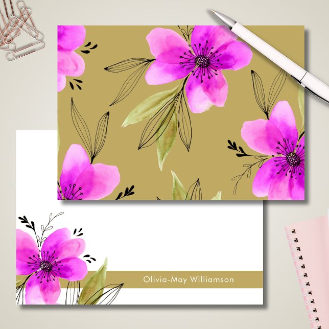 Pink Floral Watercolor Personalized Stationery  Card (Pink floral watercolor notecards with personalized name )