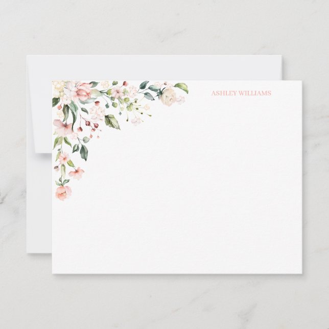 Pink Floral Watercolor Personalized Stationery Card (Front)