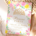 Pink floral watercolor photo tiara princess party invitation<br><div class="desc">A chic and luxurious gold glitter confetti Princess party,  featuring pink and yellow pastel floral watercolor roses,  leaf and peonies with a hand drawn luxurious princess crown tiara gold glitter. Add your photo at the back. Perfect for kids birthday.</div>