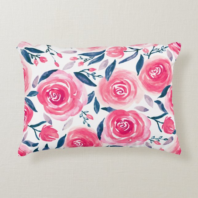 Pink Floral Watercolor Roses Pattern Accent Pillow (Front)