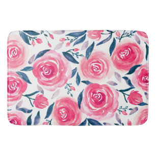 Pink Floral Watercolor Roses Pattern Bath Mat