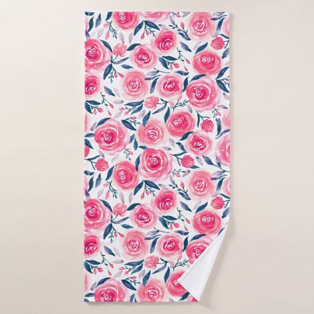 Pink Floral Watercolor Roses Pattern Bath Towel (Bath Towel)