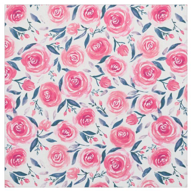 Pink Floral Watercolor Roses Pattern Fabric (Swatch)