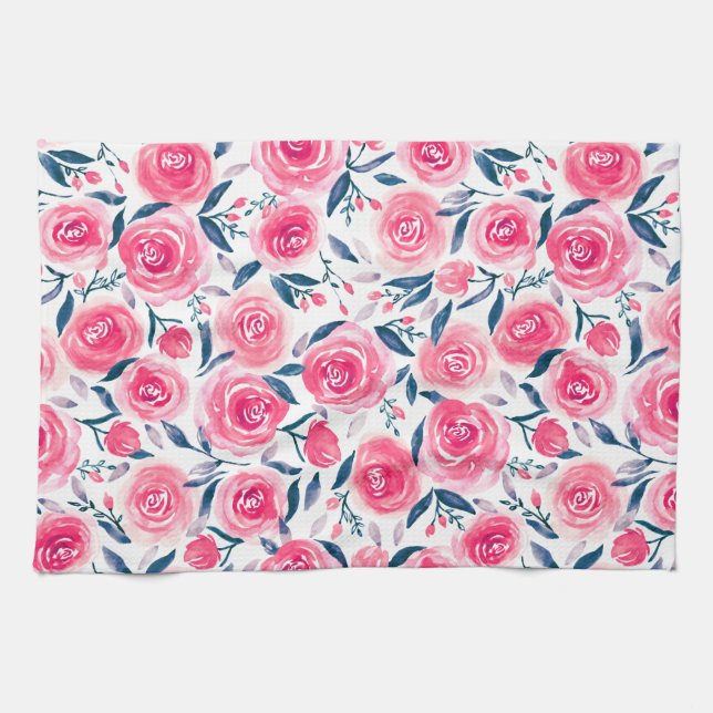 Pink Floral Watercolor Roses Pattern Kitchen Towel (Horizontal)