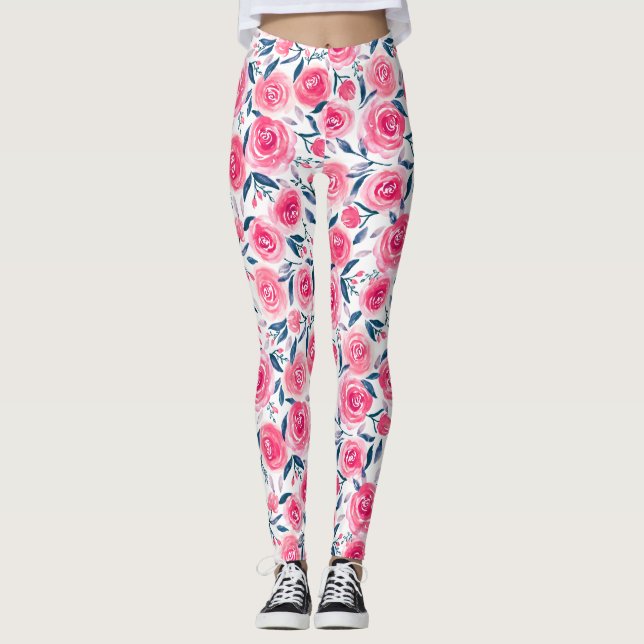 Pink Floral Watercolor Roses Pattern Leggings (Front)