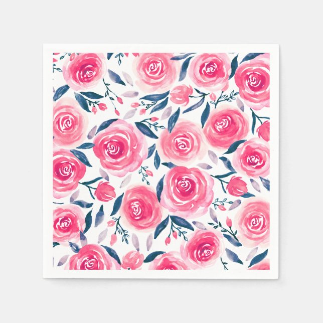 Pink Floral Watercolor Roses Pattern Napkin (Front)