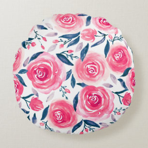 Pink Floral Watercolor Roses Pattern Round Pillow