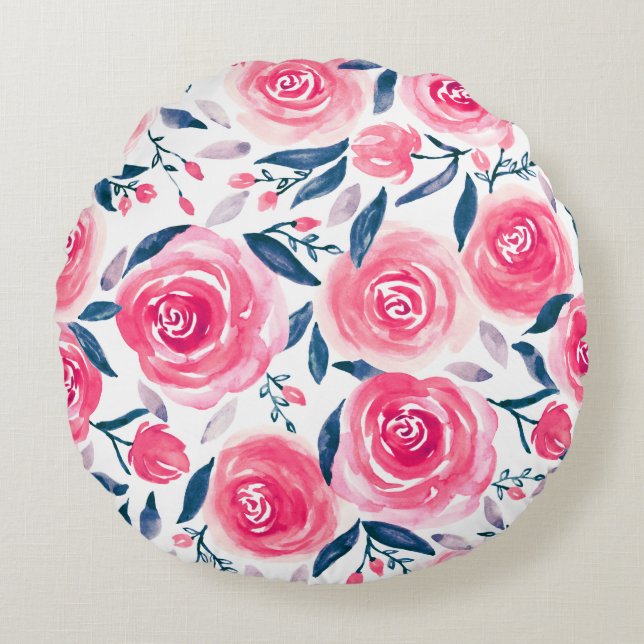 Pink Floral Watercolor Roses Pattern Round Pillow (Front)