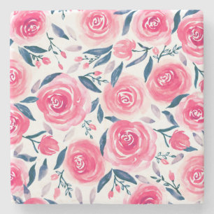 Pink Floral Watercolor Roses Pattern Stone Coaster