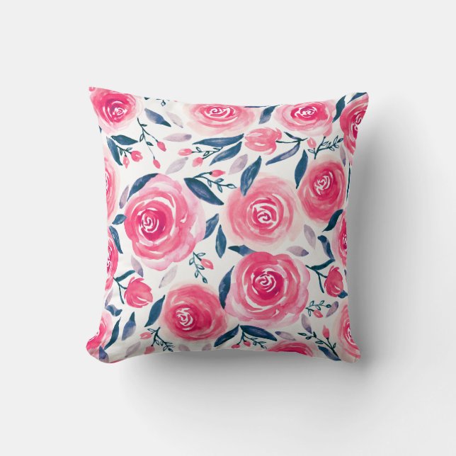 Pink Floral Watercolor Roses Pattern Throw Pillow (Front)