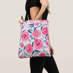 Pink Floral Watercolor Roses Pattern Tote Bag