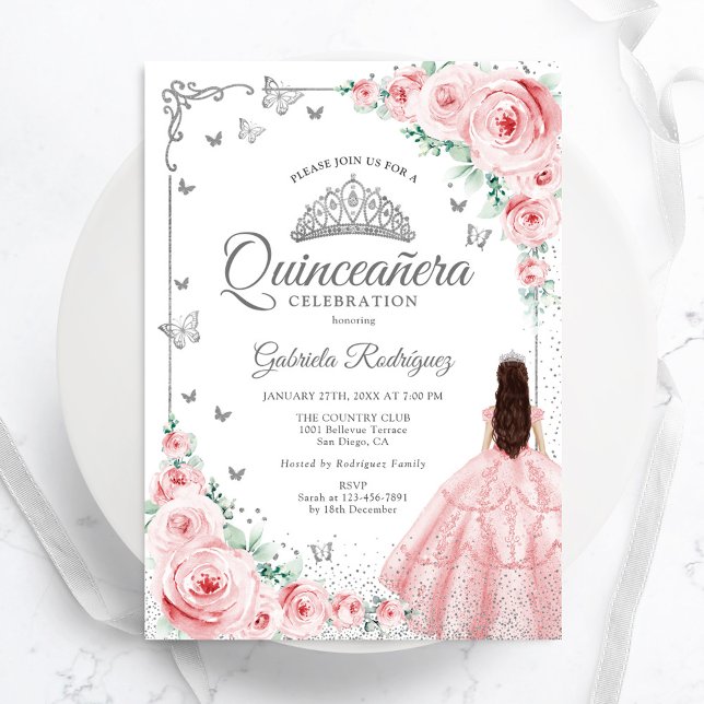 Pink Floral Watercolor Roses Silver Quinceanera Invitation (Creator Uploaded)