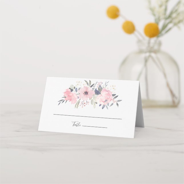 Pink Floral Watercolor Script Wedding Place Card (Front)