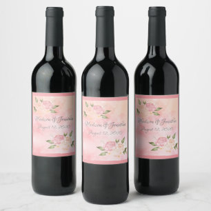 Pink Floral Watercolor Script Wedding Wine Label