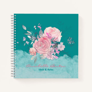 Pink floral watercolor teal elegant your name notebook