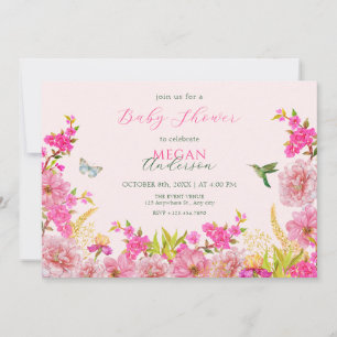 Pink Floral watercolor tropical bird baby shower Invitation