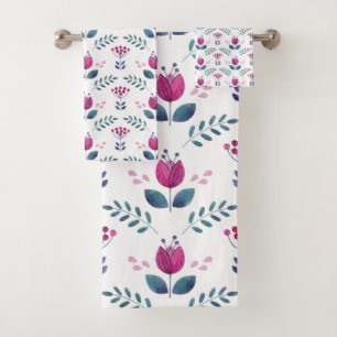 Pink Floral watercolor Tulip Bath Towel Set