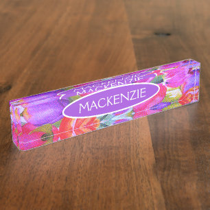 Pink Floral Watercolor Tulip Nameplate