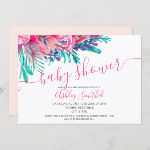 Pink floral watercolor typography baby shower invitation