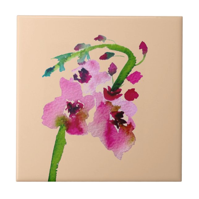 Pink floral watercolor verbascum blush flower tile (Front)