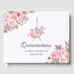 Pink Floral Watercolor Vintage Paris Quinceanera Guest Book