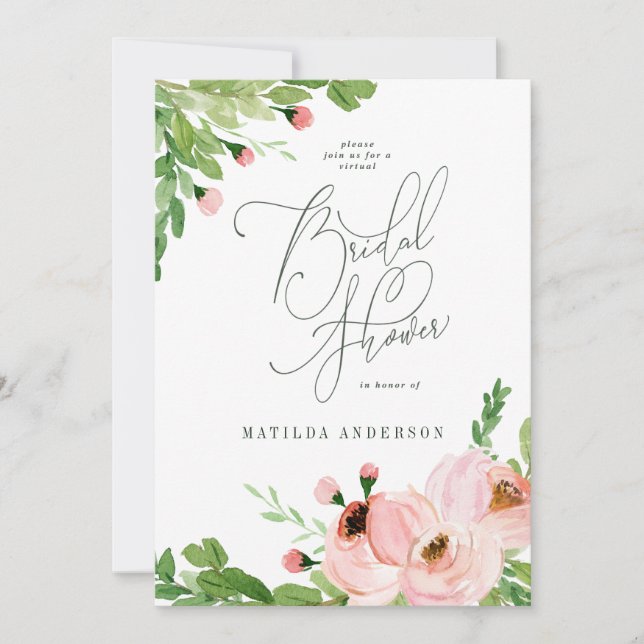 pink floral watercolor virtual bridal shower holiday card (Front)