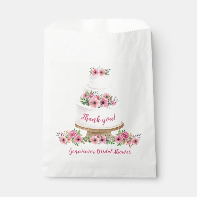 Pink Floral Watercolor Wedding Cake Welcome Favour Bag (Front)