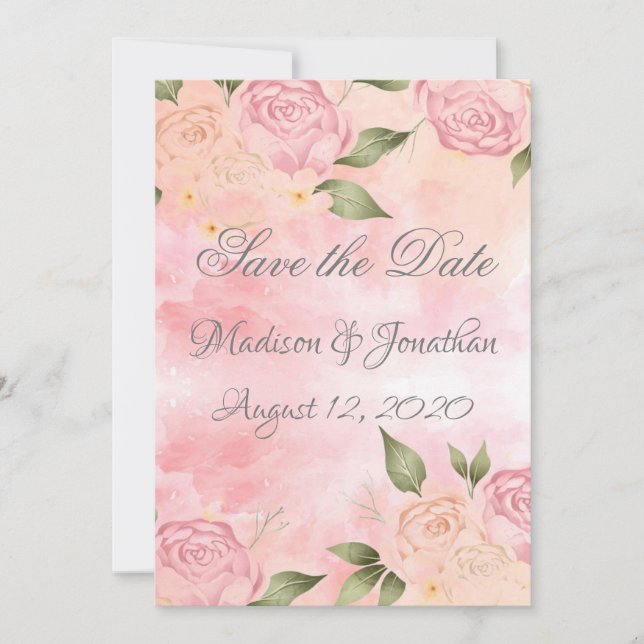 Pink Floral Watercolor Wedding Save The Date (Front)