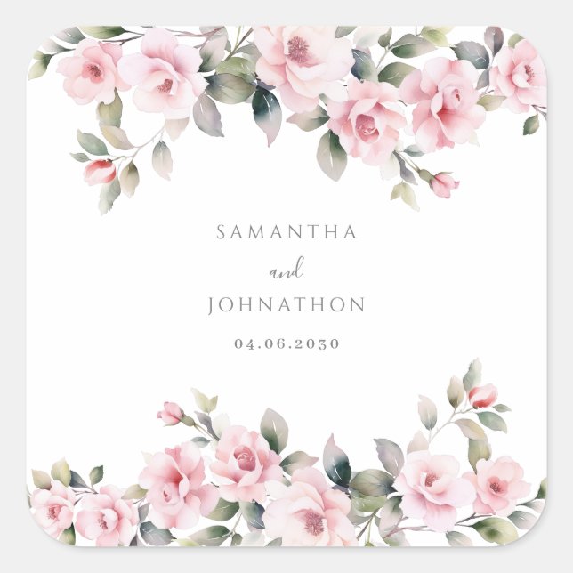  Pink Floral Watercolor Wedding  Square Sticker (Front)