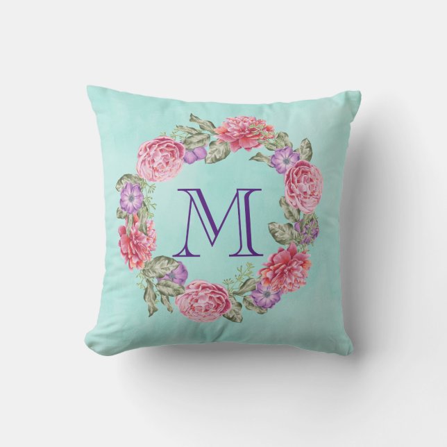 Pink Floral Watercolor Wreath Monogram Initial Throw Pillow (Front)