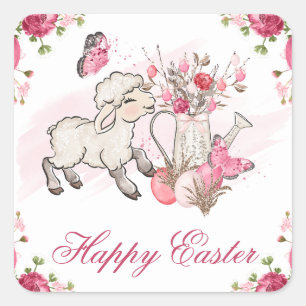 Pink Floral Watering Can &  Cute Lamb Happy Easter Square Sticker