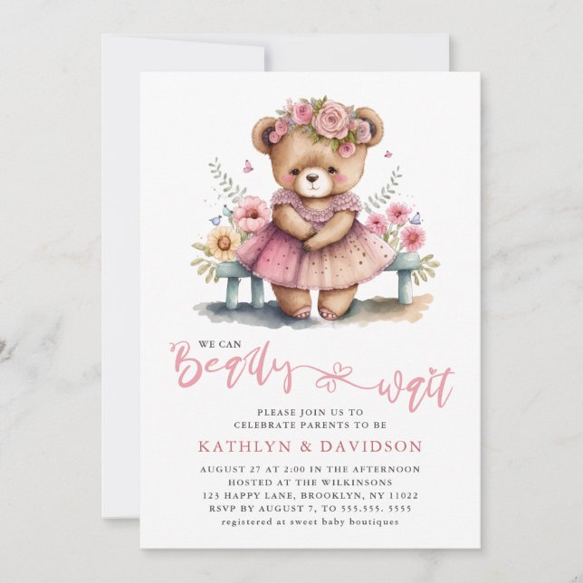 Pink Floral We Can Bearly Wait Girl Baby Shower Invitation (Front)