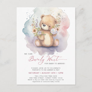 Pink Floral We Can Bearly Wait Girl Baby Shower Invitation Postcard