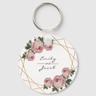 Pink Floral Wed Elegant Gold Glitter Geometric Keychain