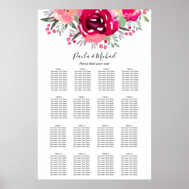 Pink Floral Wedding 16 Table Seating Chart (Front)