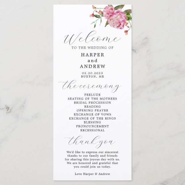 Pink Floral Wedding Ceremony Program (Front)